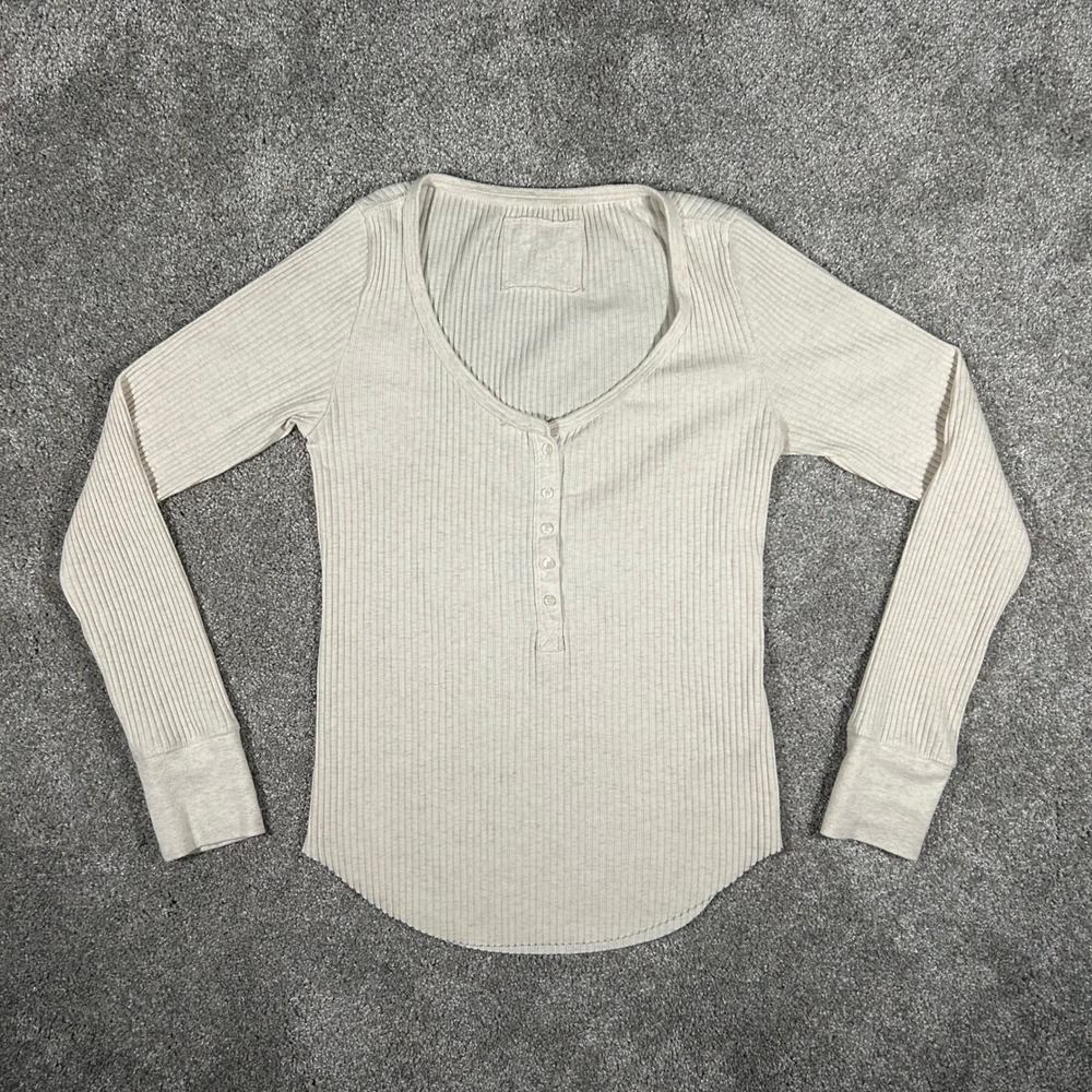 Aerie Ribbed Henley Long Sleeve Top Oatmeal Heather Small S